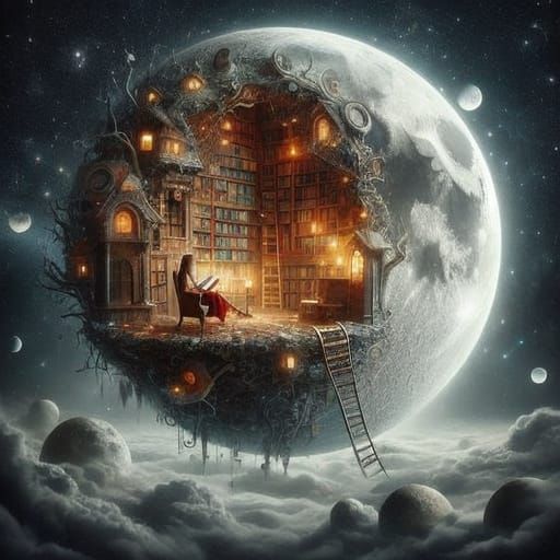 Surreal Moonlit Bookstore Scene in Whimsical Fantasy Style
