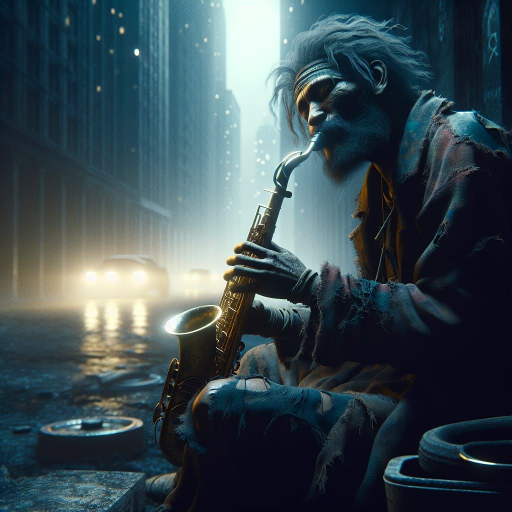 Homeless Man Plays Saxophone in Dystopian City
