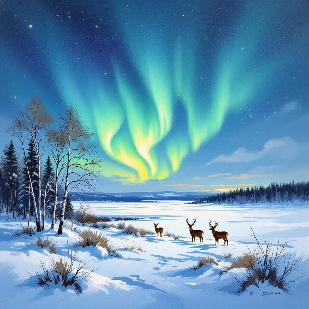 Northern Lights Over Snowy Plains in Gouache and Watercolor ...