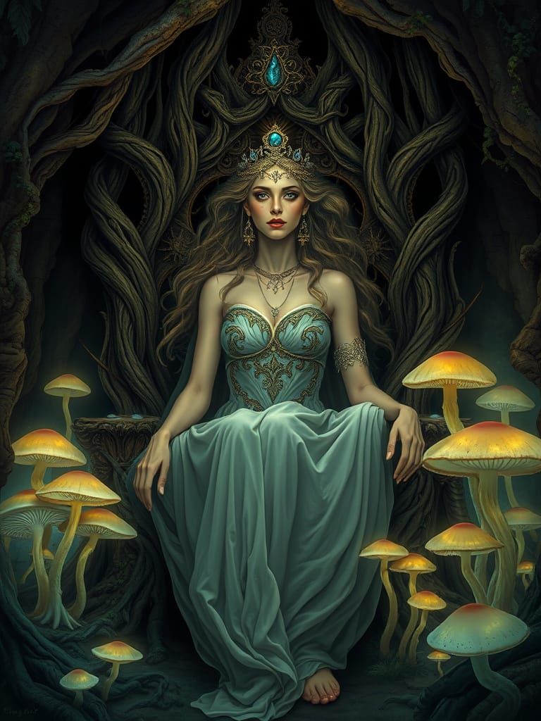 Majestic Pagan Goddess in Bioluminescent Grotto