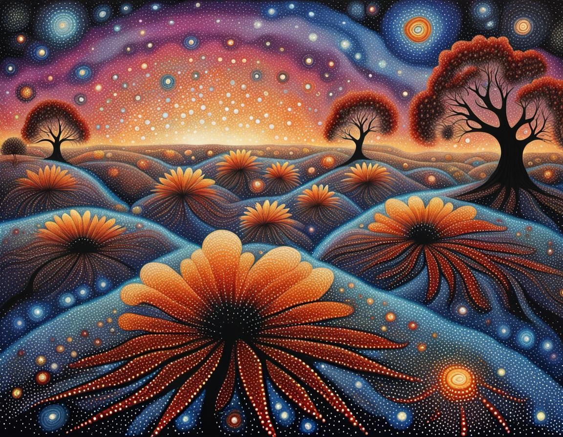 Cosmic Dreamtime Star Songline in Pointillism Style