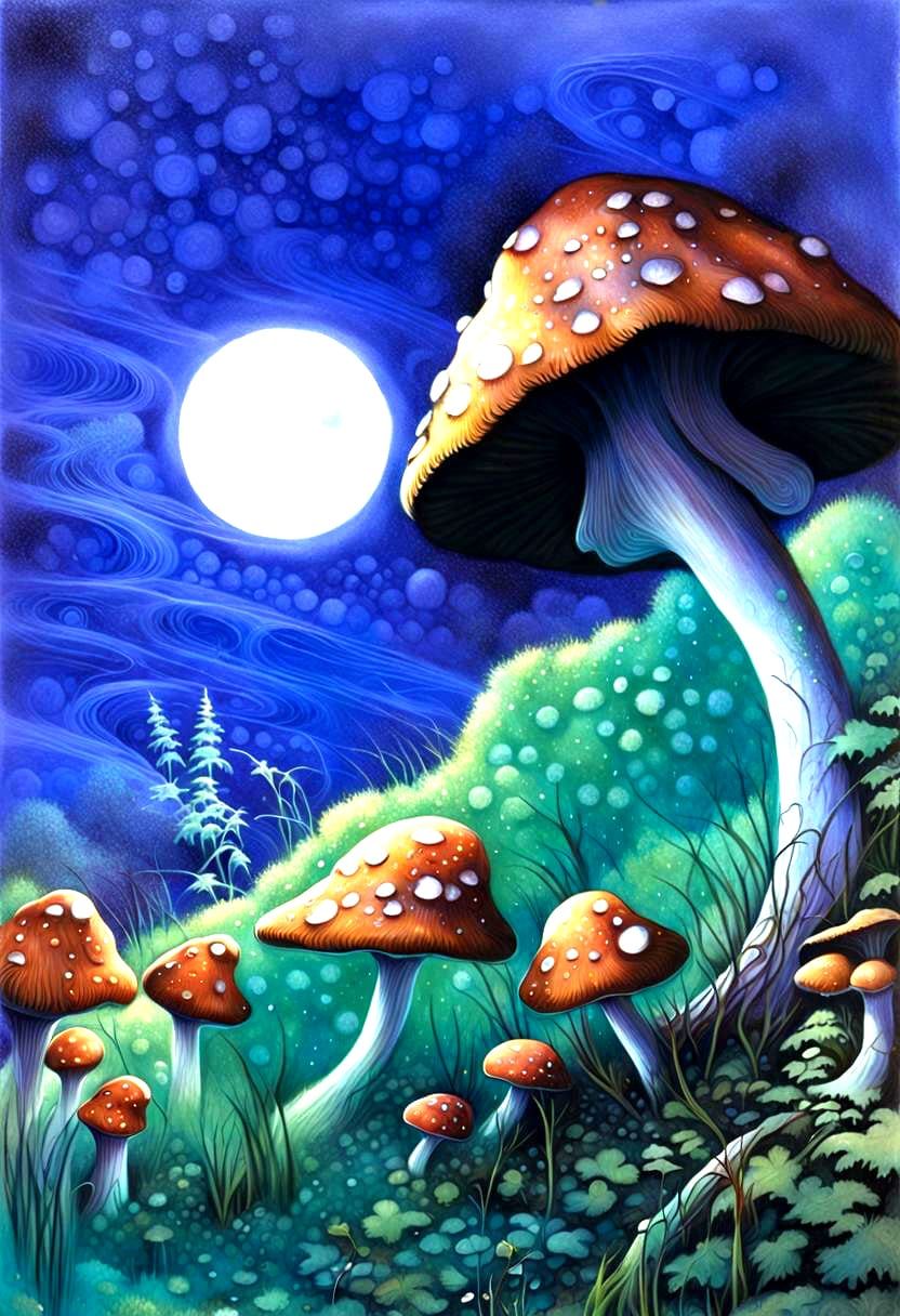 Moonlit Glen with Giant Mushrooms: Airbrush Style
