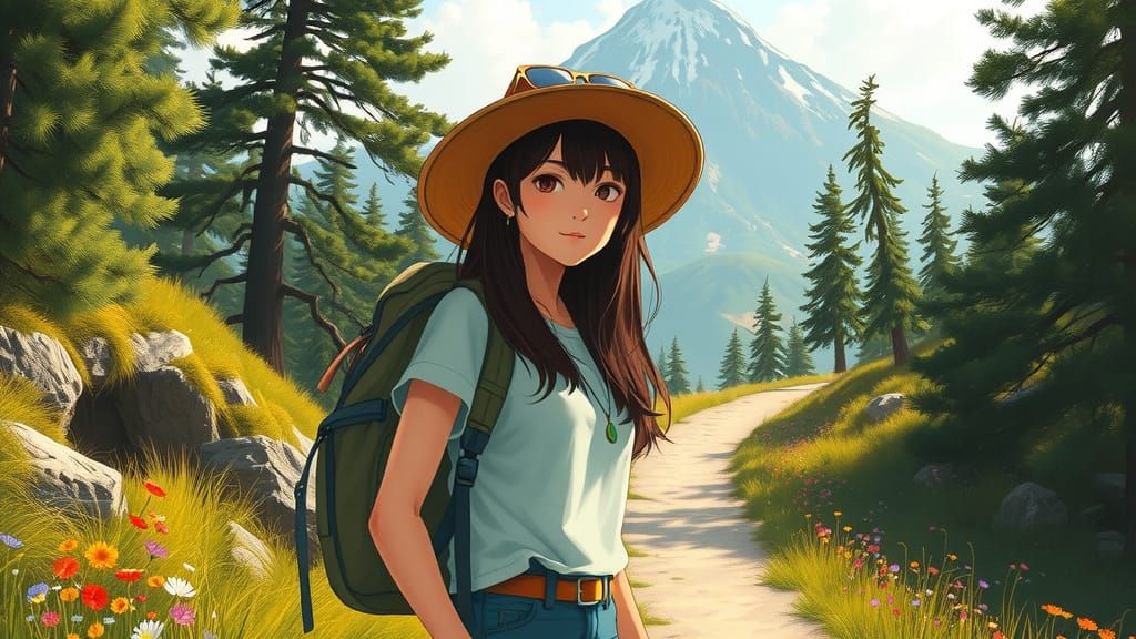 Ethereal Hiker Embarks on a Serene Mountain Journey in a Cyb...