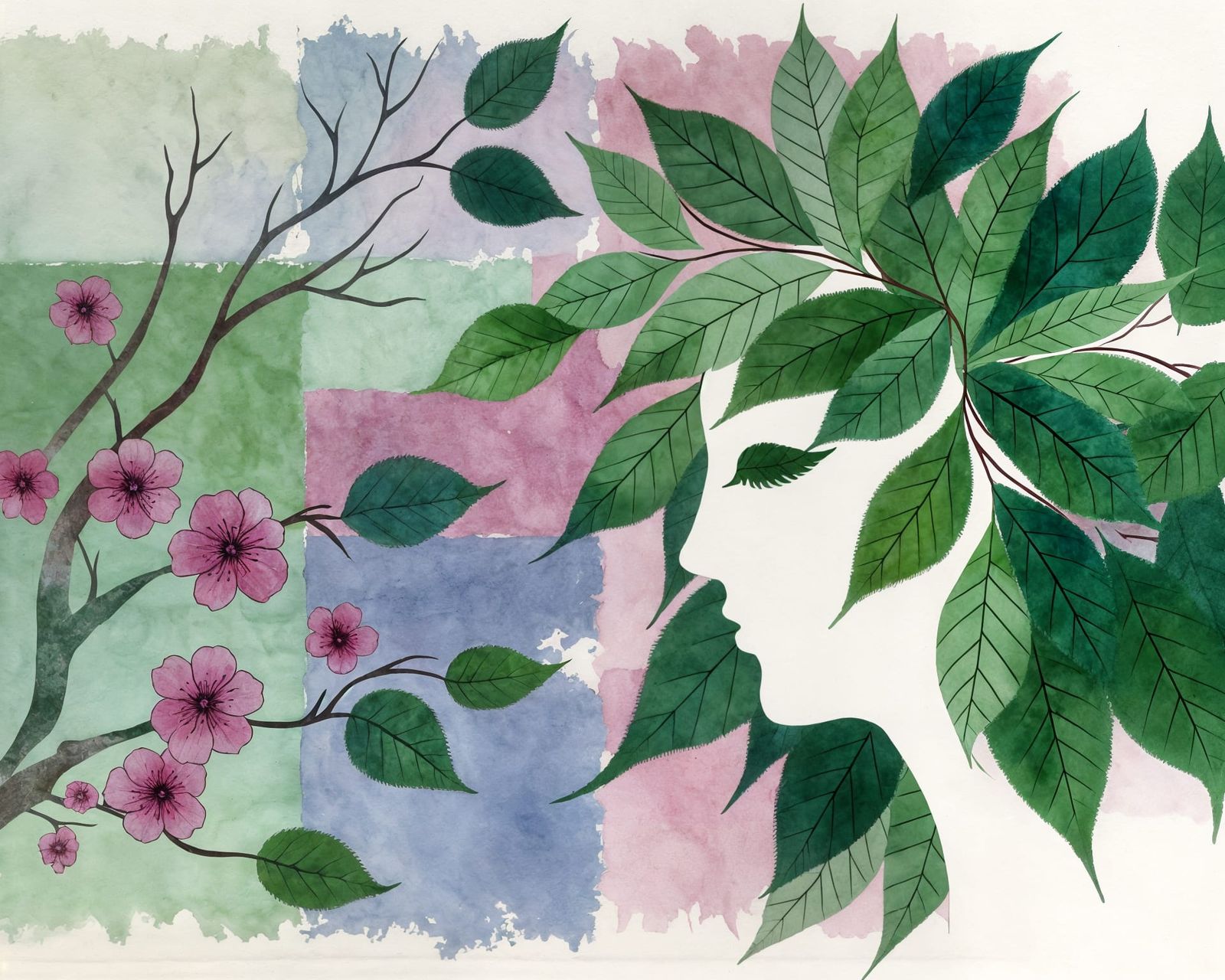 Spring Tree Woman with Cherry Blossoms in Watercolor Style