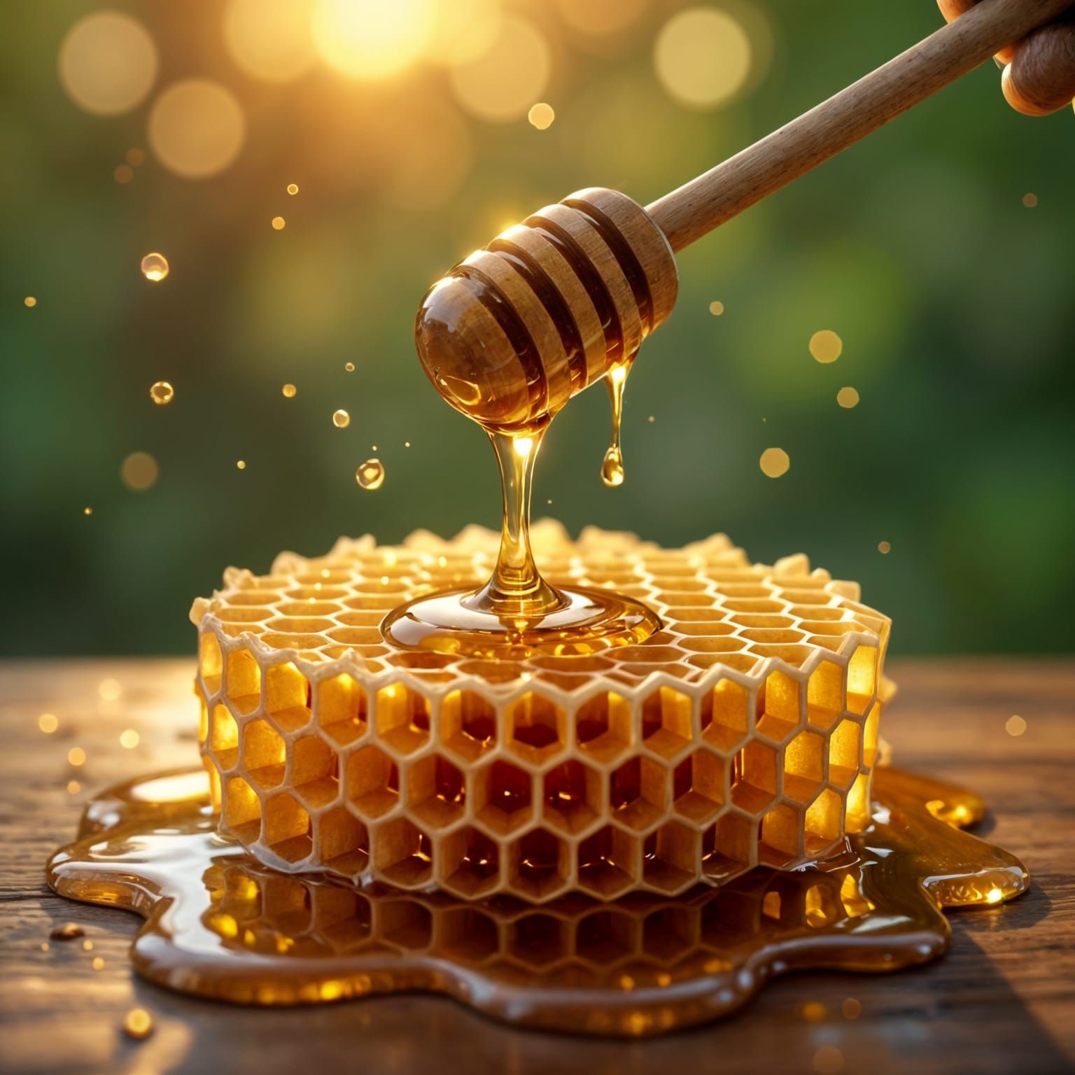 Hyperrealistic Honeycomb with Dripping Honey Dipper