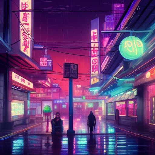 Neon Lit Noodle Shop in Rainy Futuristic City