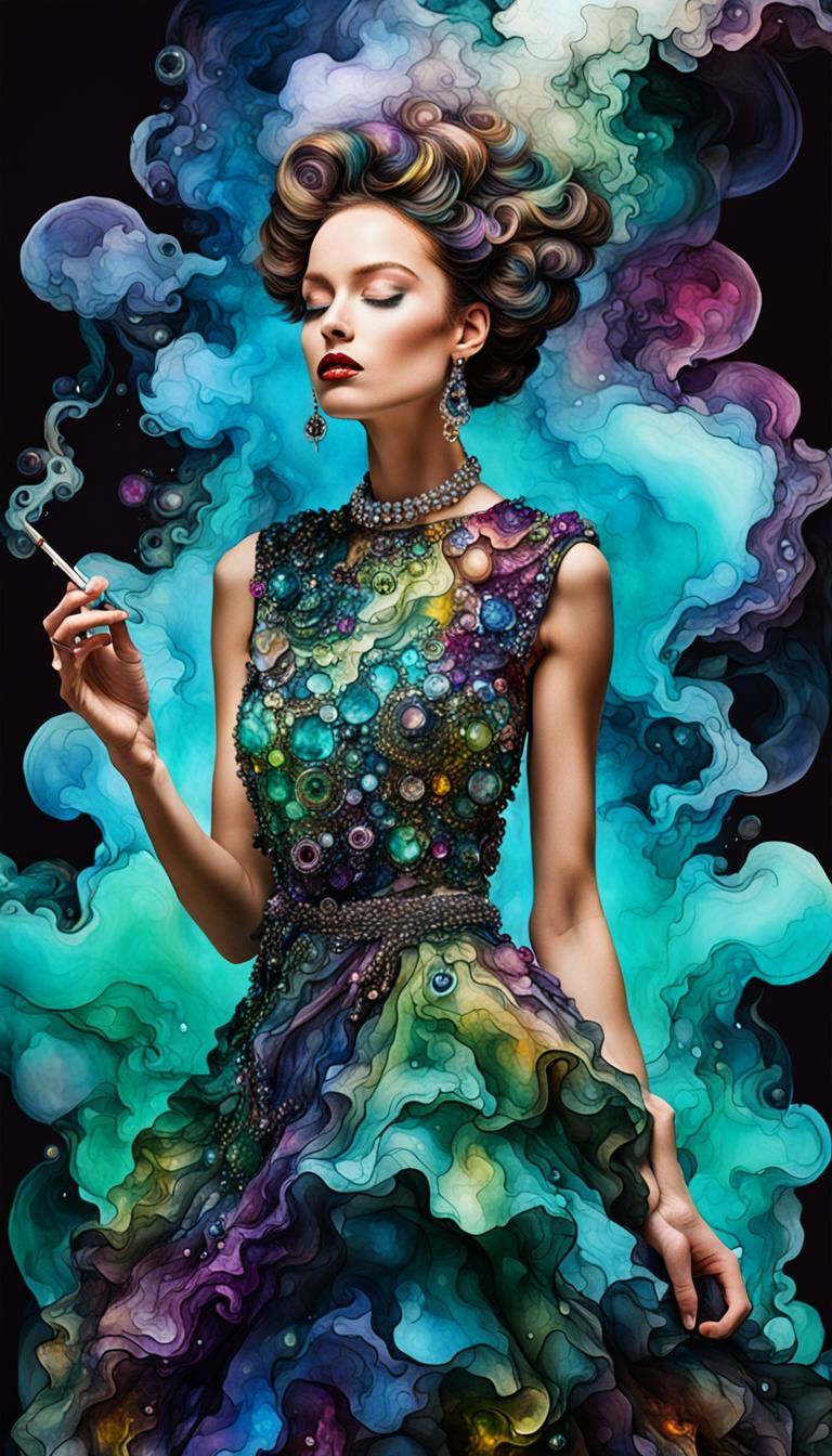 Smokey Jewelled Dress: Otherworldly Alcohol Ink Woman