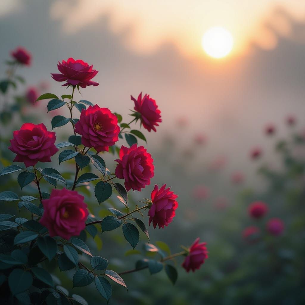 Vibrant Korean Rosebush in Misty Dawn Garden