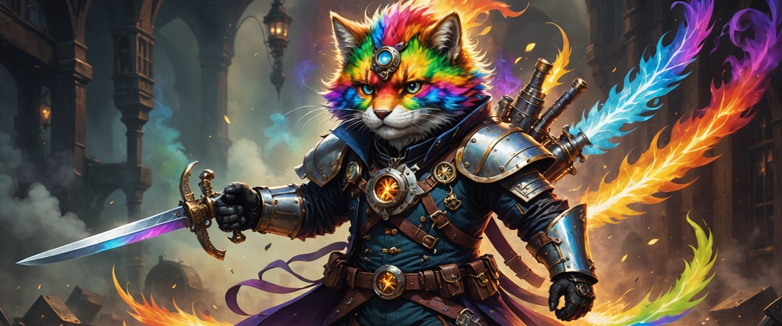 Flaming Furry Swordsman in Steampunk Setting