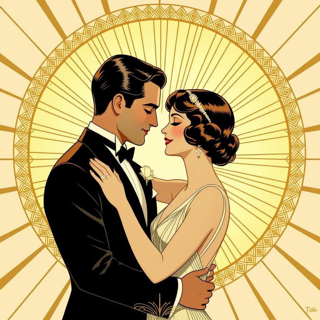 Art Deco Couple Embracing in Ornate Golden Halo