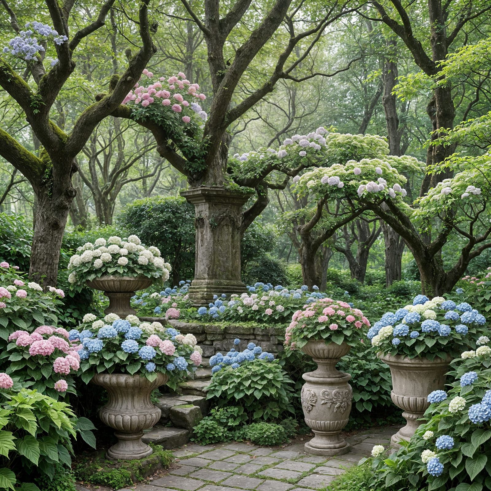 Lush Summer Garden with Blooming Hydrangeas