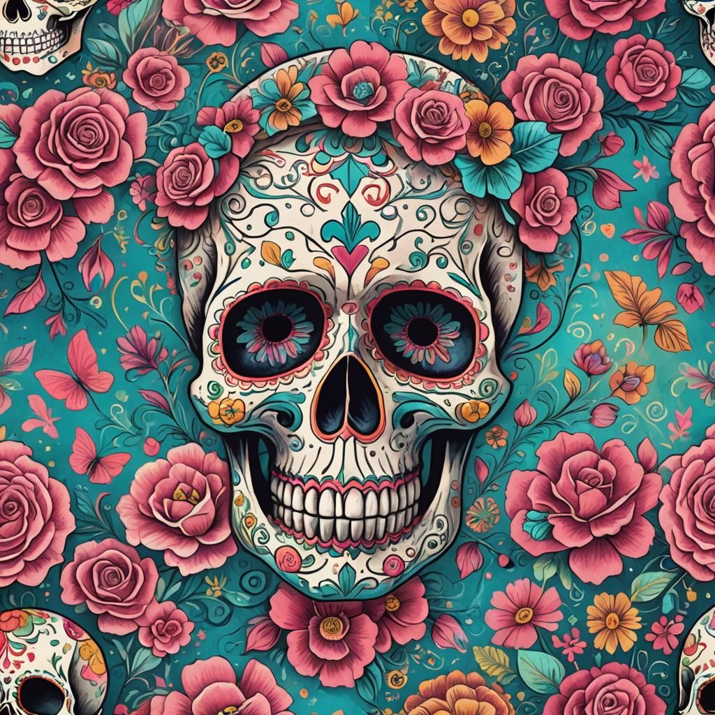 Colorful Day of the Dead Skull in Folk Art Style
