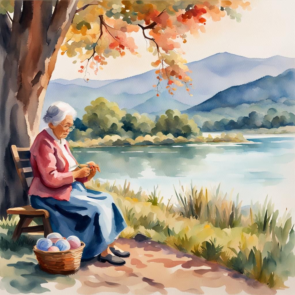 Watercolor Knitting Scene by Lake in Gouache Style