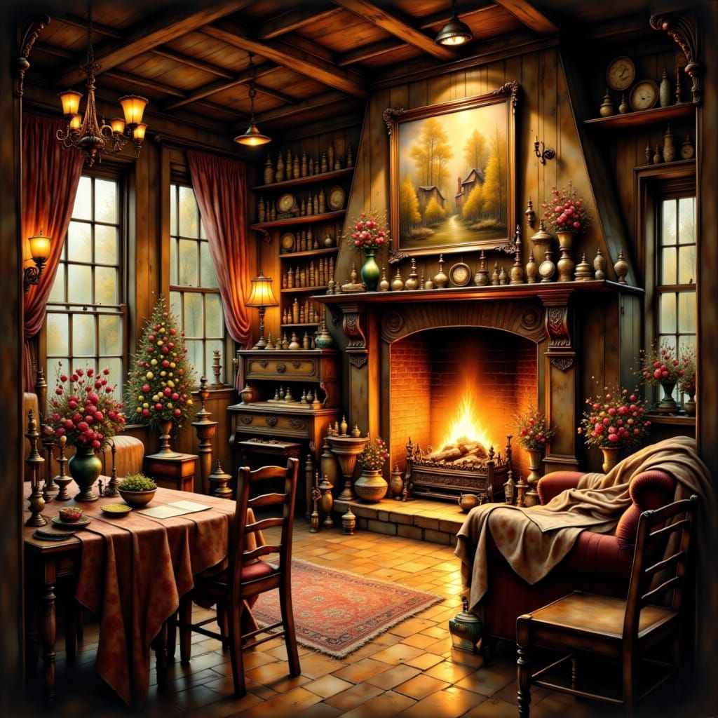 Cozy Colonial Tavern with Warm Fireplace and Rustic Decor