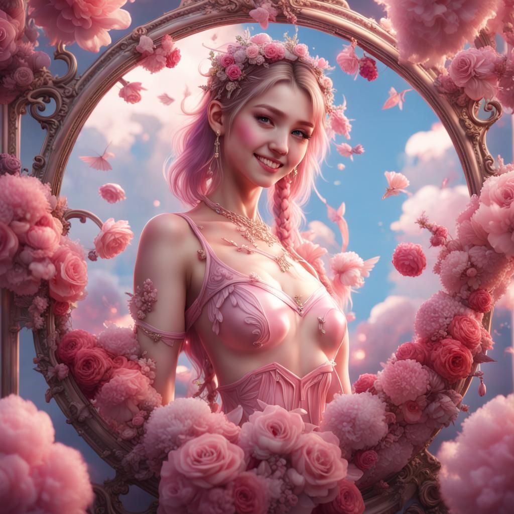 Smiling K-Pop Girl in Mirror with Heart Sign