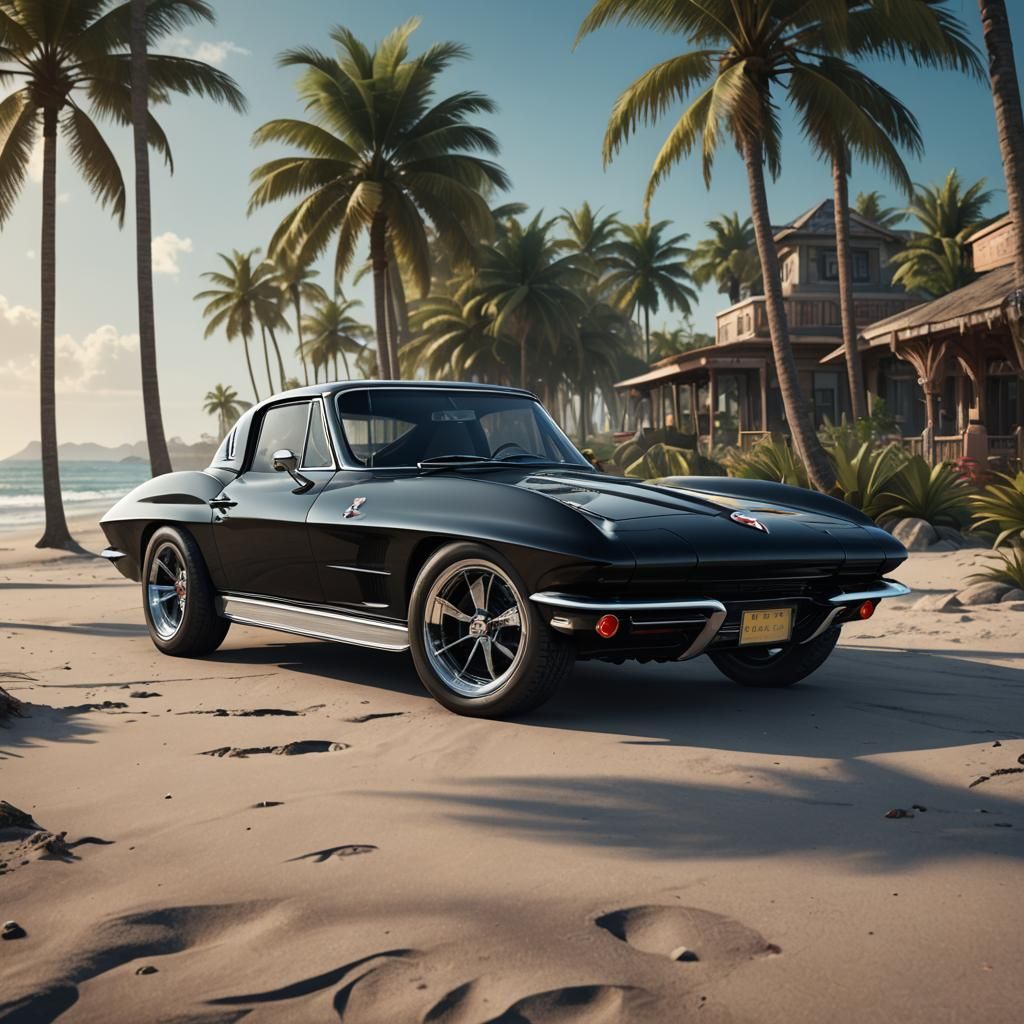 Black 1963 Corvette on Beach, Matte Painting
