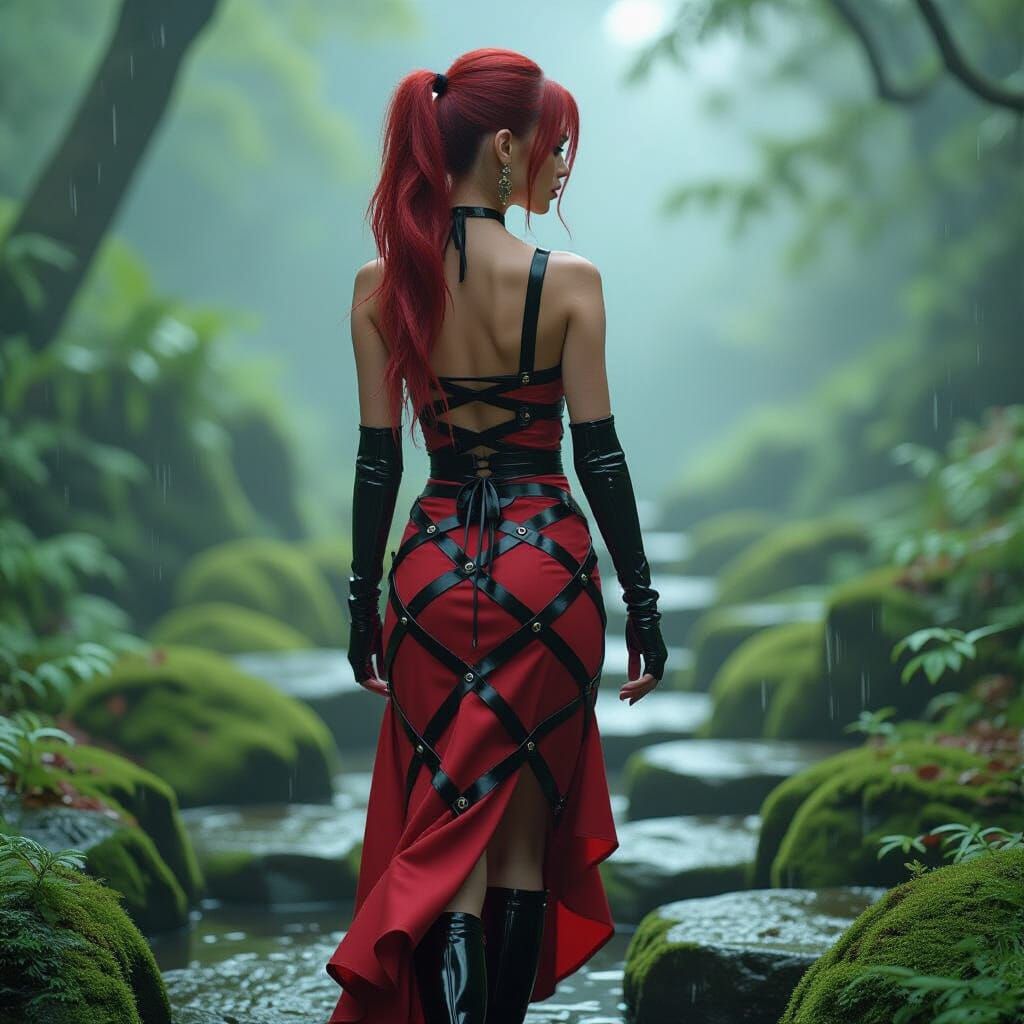 Crimson Ponytail in Latex Dress, Syd Mead Style