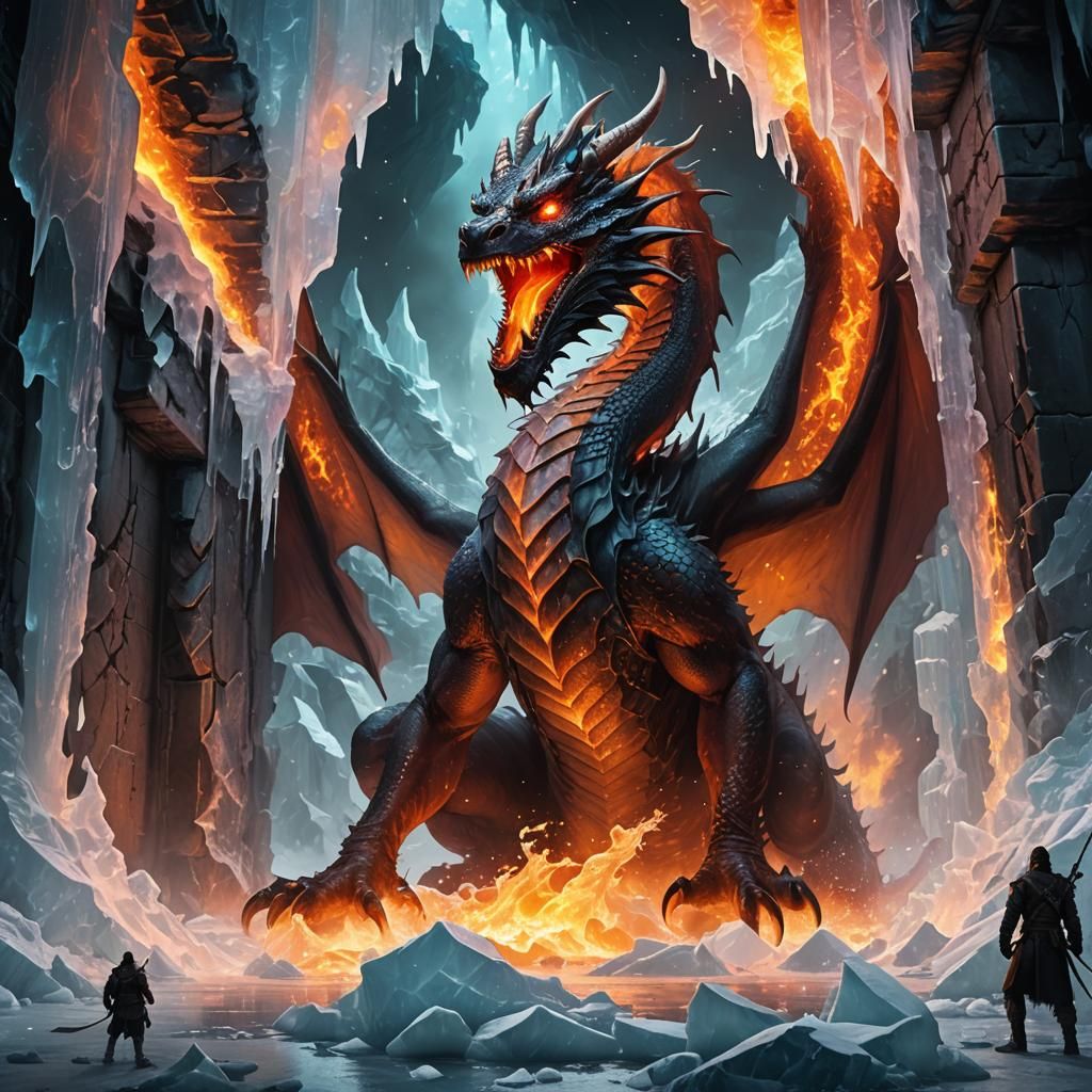 glowing fire dragon trapped behind an opaque wall of ice,