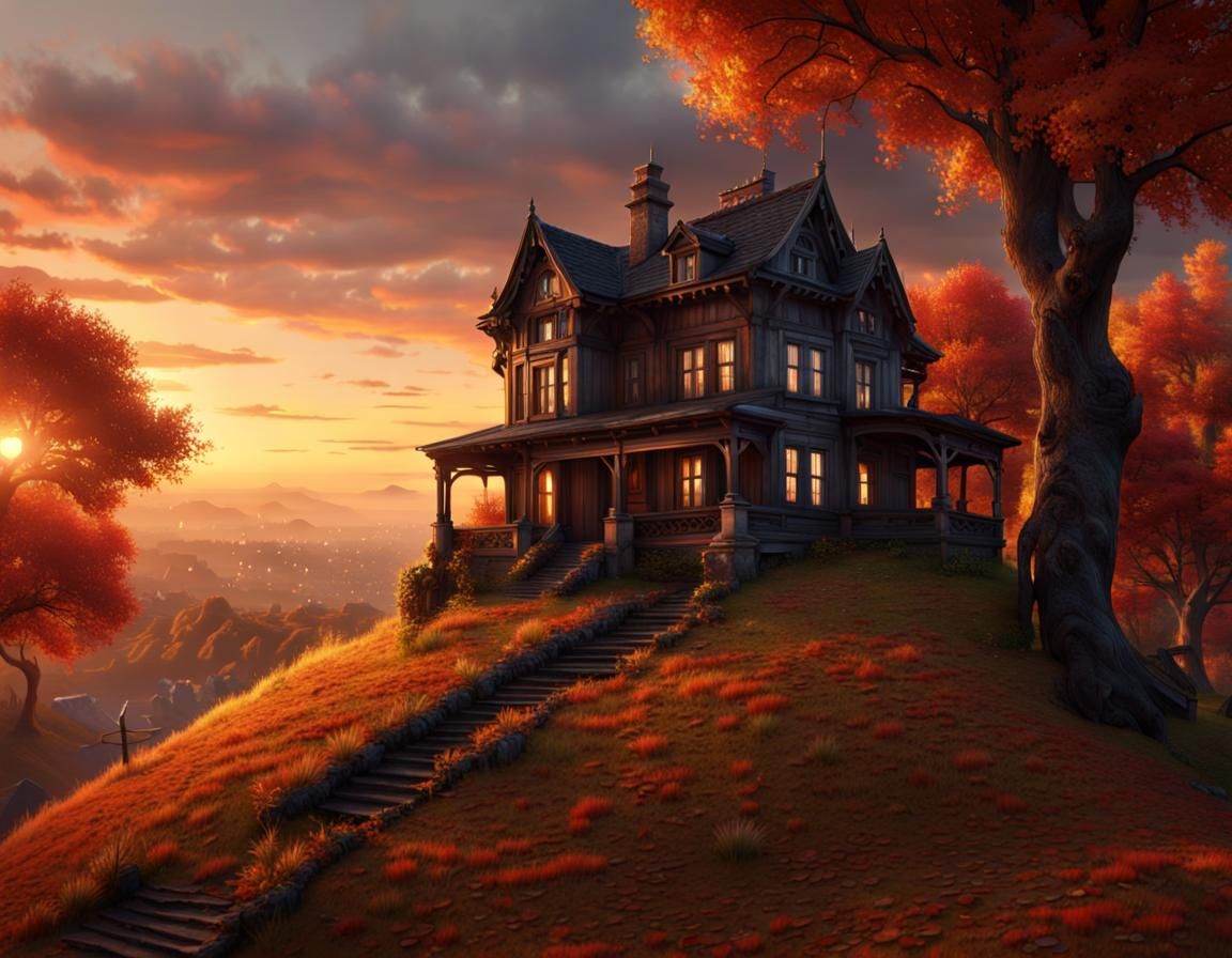 Autumn Sunset: Detailed Matte Painting of Old House