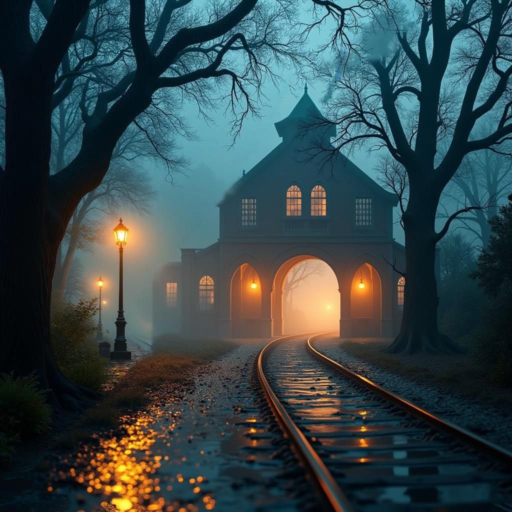 Hilltop Railway Station in Dark Fantasy Style