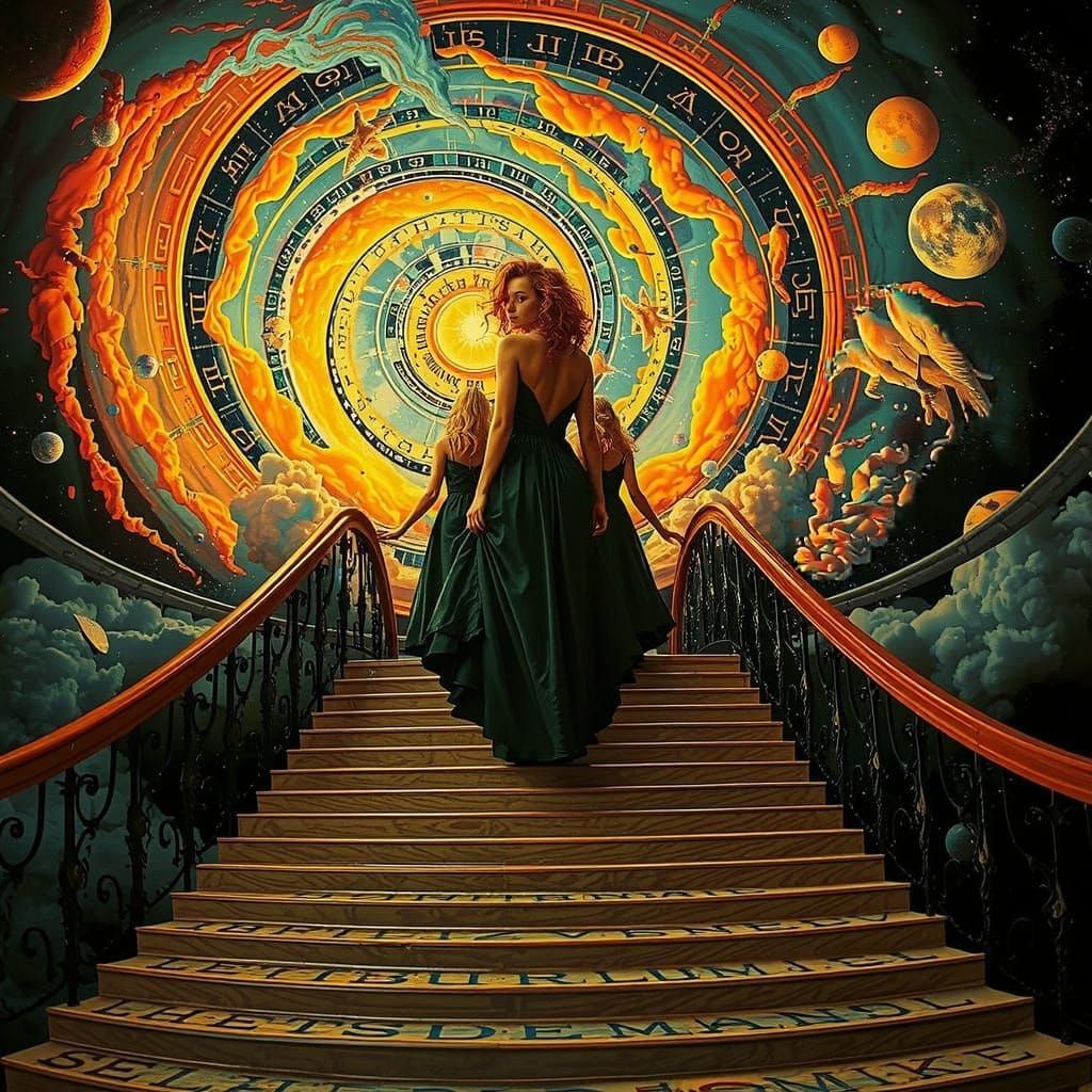 Three Sisters on Celestial Staircase in Hyperrealistic Style