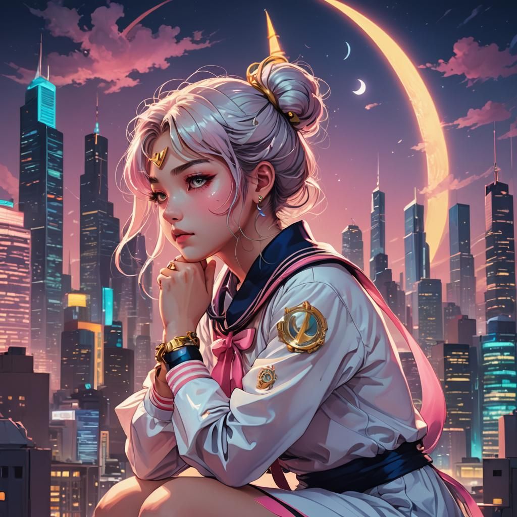 Sailor Girl in Futuristic Cityscape: Manga Digital Art