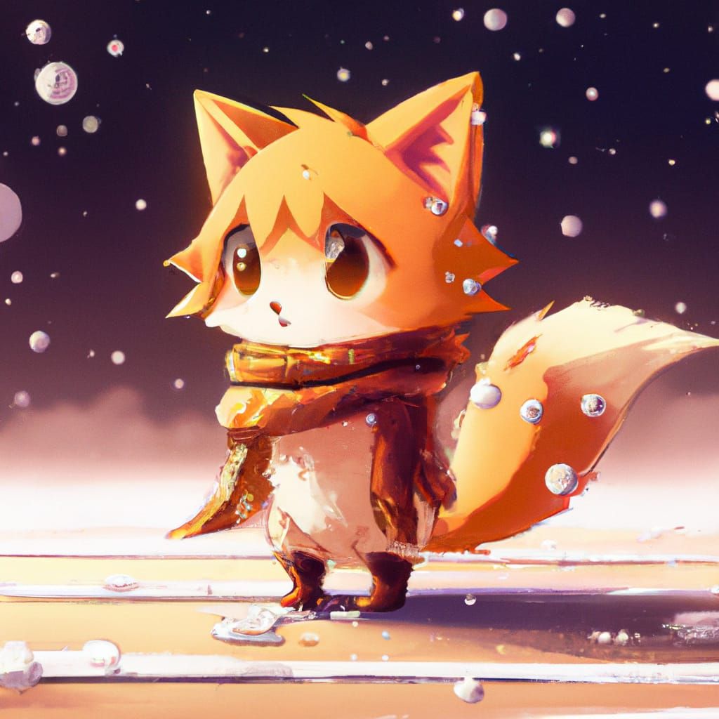 Anime Fox Pup Walking in Starry Snow