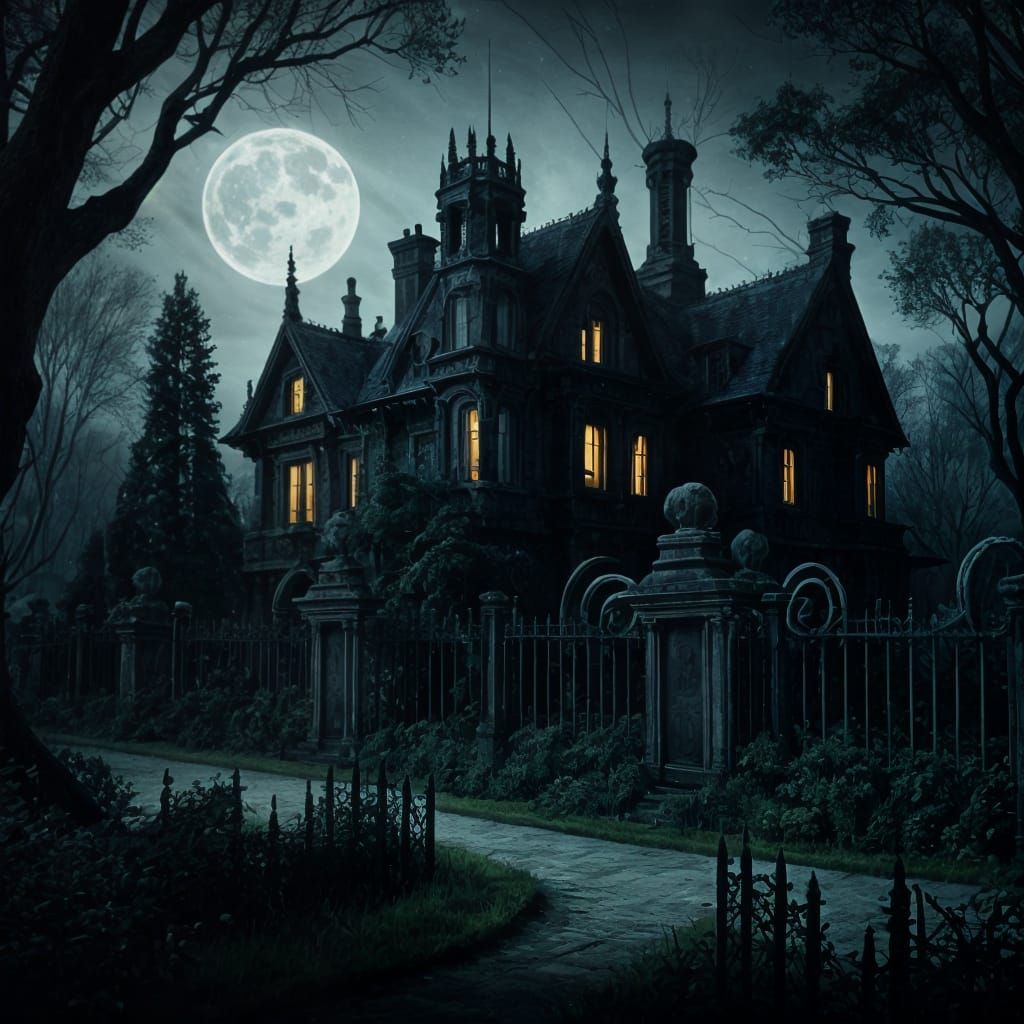 Eerie Victorian Mansion Overgrown Garden at Night