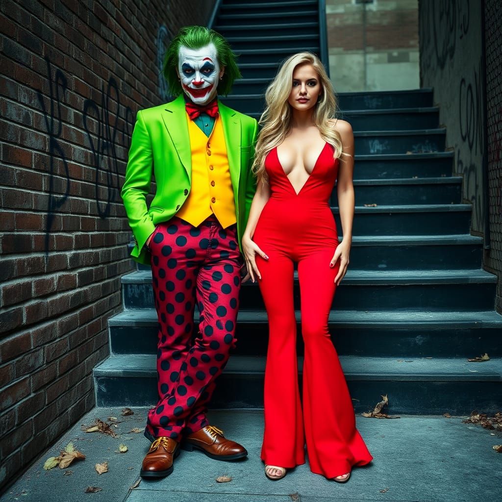 Joker and Woman in Red Jumpsuit in Urban Setting