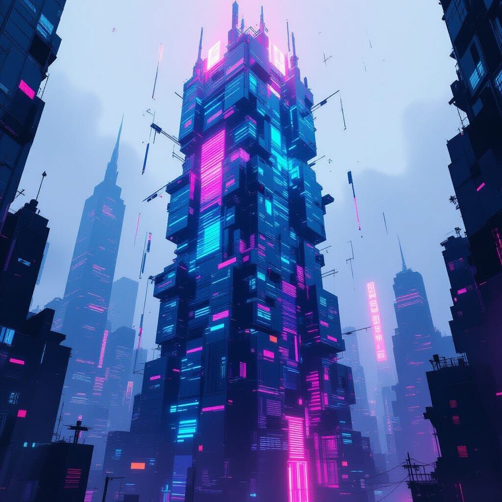 Cyberpunk Skyscraper Constructed from Corrupted Data