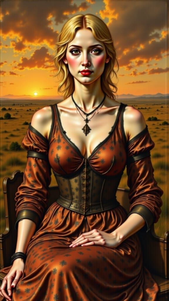 Woman Drives Covered Wagon at Sunset in Oil Painting Style