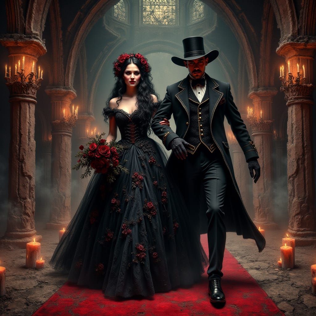Gothic Bride and Groom in Ruined Hall