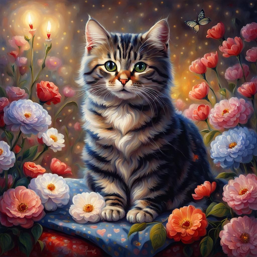 Cute Cat with Flowers and Heart Lights