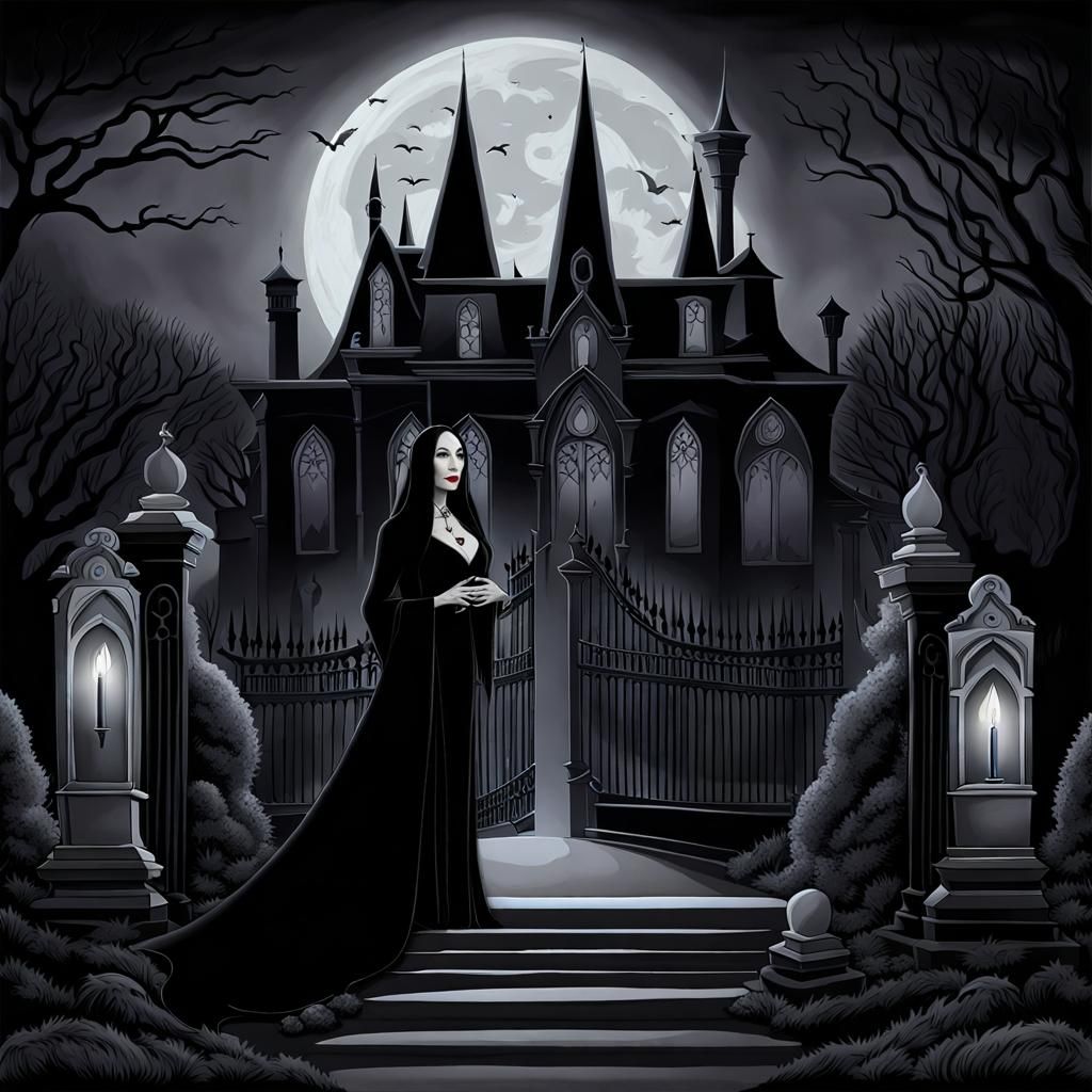 Morticia in front of the Addams' Mansion