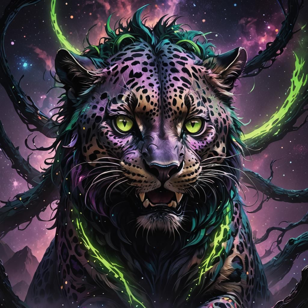Monstrous Cosmic Leopard in a Starry Landscape