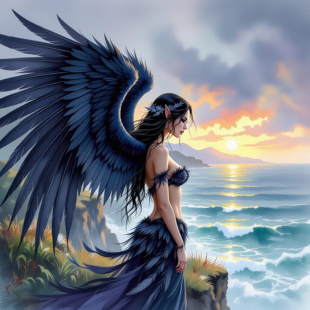 Fae with Feathered Wings Gazing at Stormy Sea