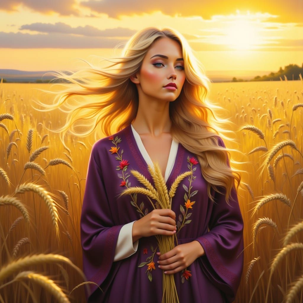 Young Woman in Purple Robe Holds Wheat at Sunset