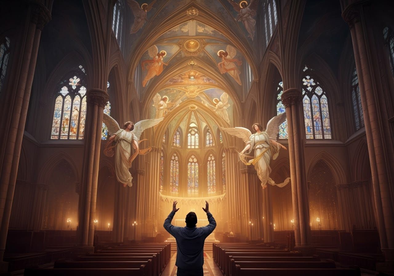 Gothic Angelic Encounter in Majestic Church Interior