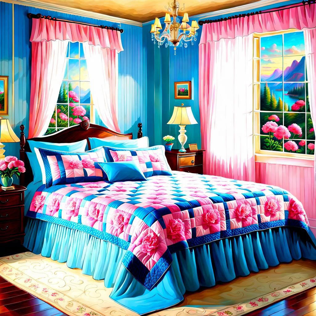 Floral Quilt in Sunny Bedroom as Oil Painting