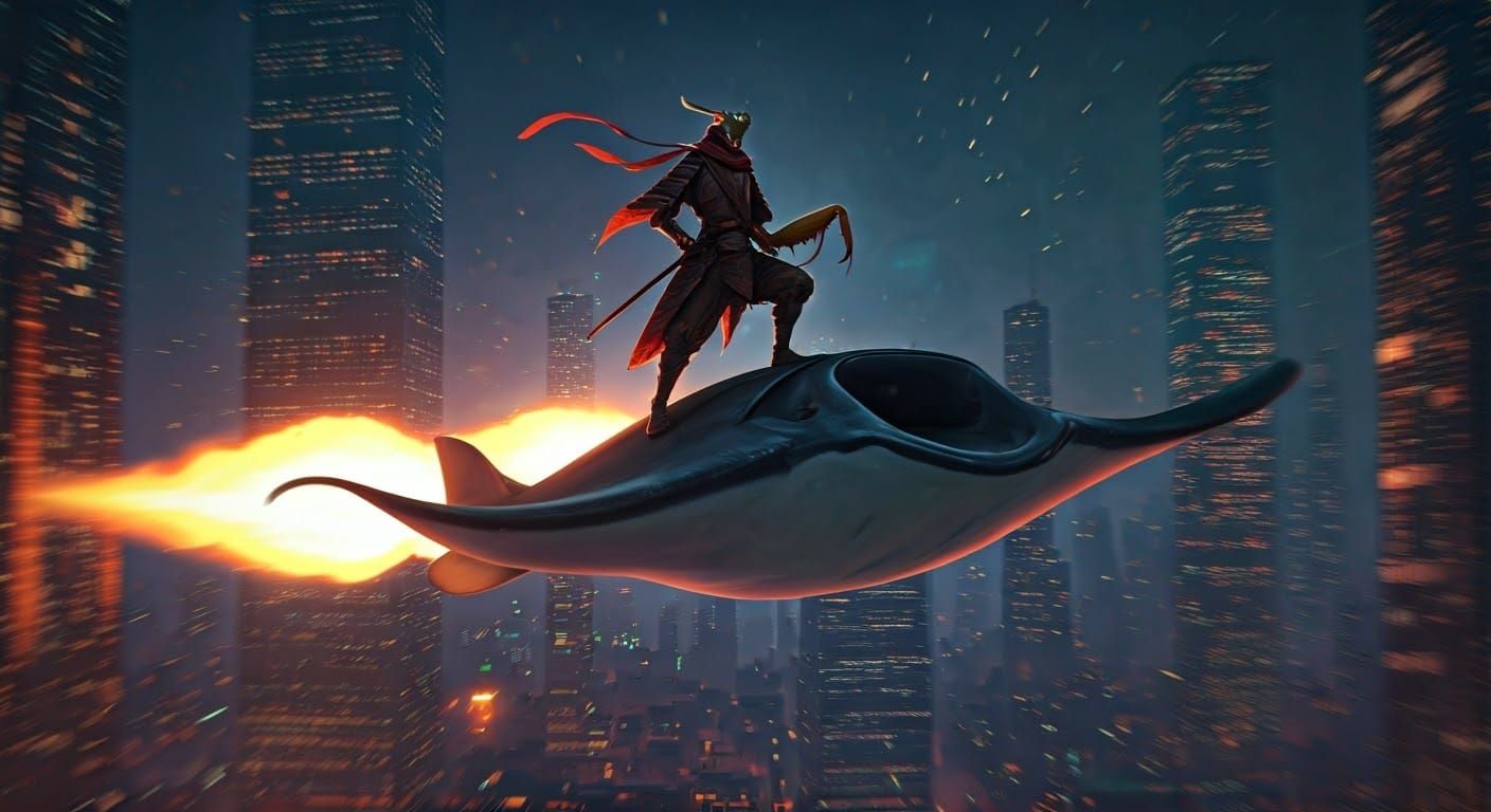 Cyberpunk Samurai Mantis Rides Manta Ray