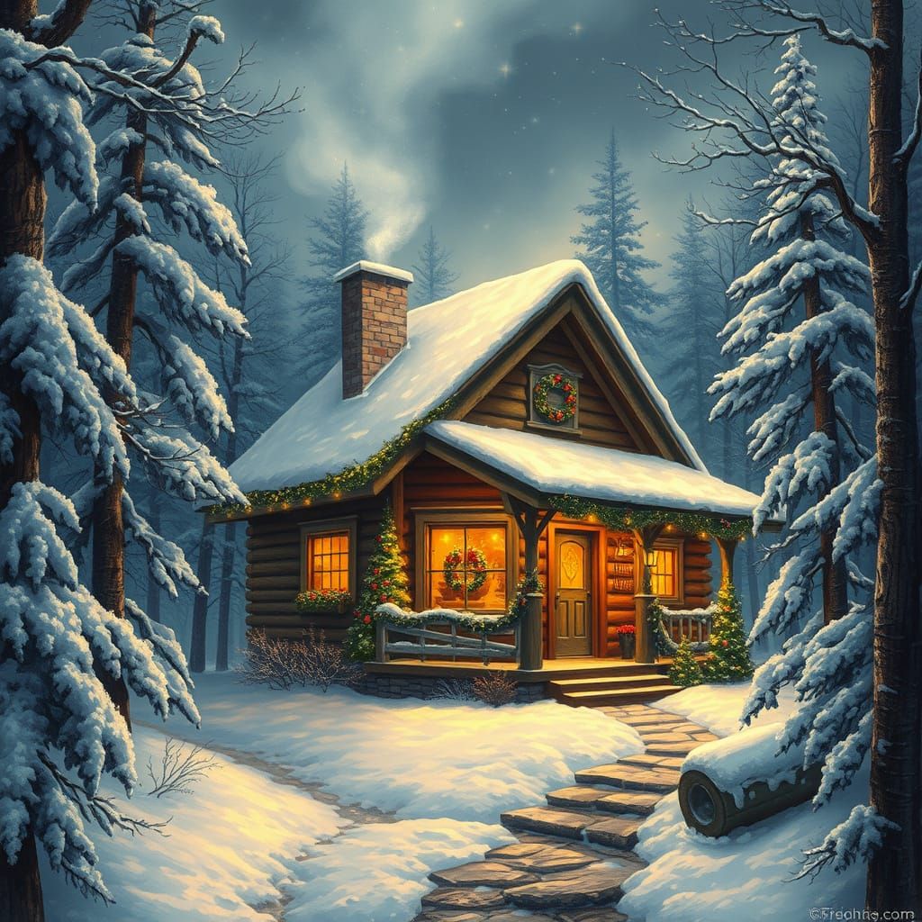 Warm Winter Cabin Scene in Snowy Forest with Twinkling Light...