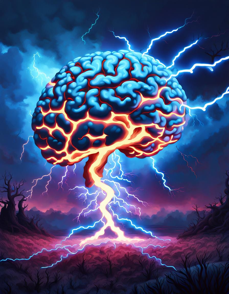 Giant Brain Illuminated by Neon Lightning