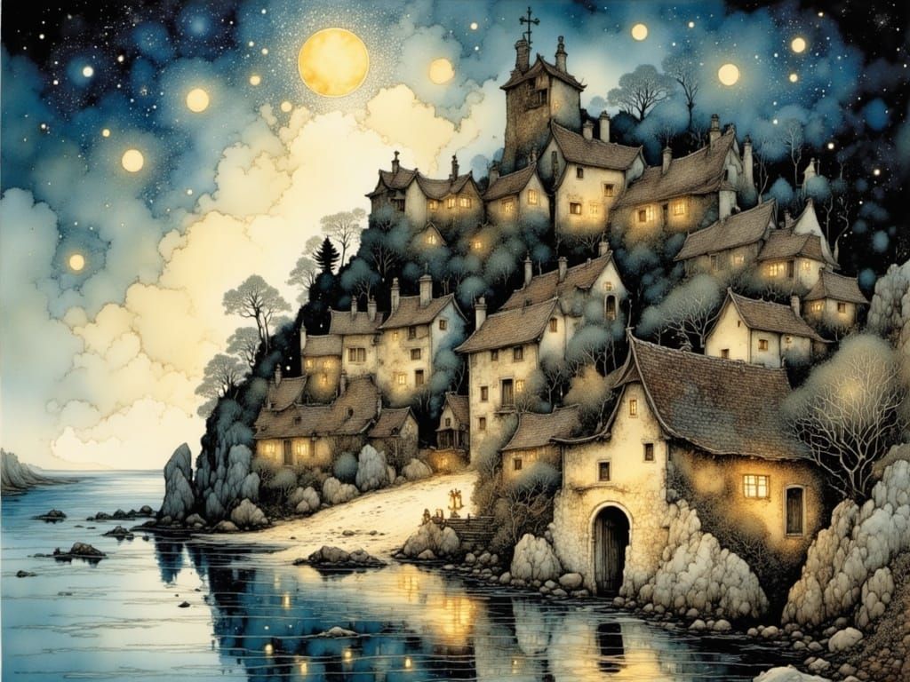 Medieval Port Town Under Starry Skies, in Whimsical Watercol...