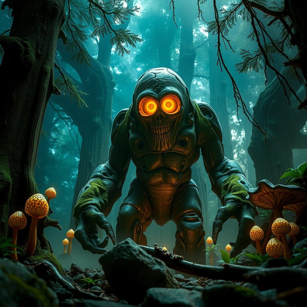 Moss-Covered Stone Golem in Bioluminescent Forest