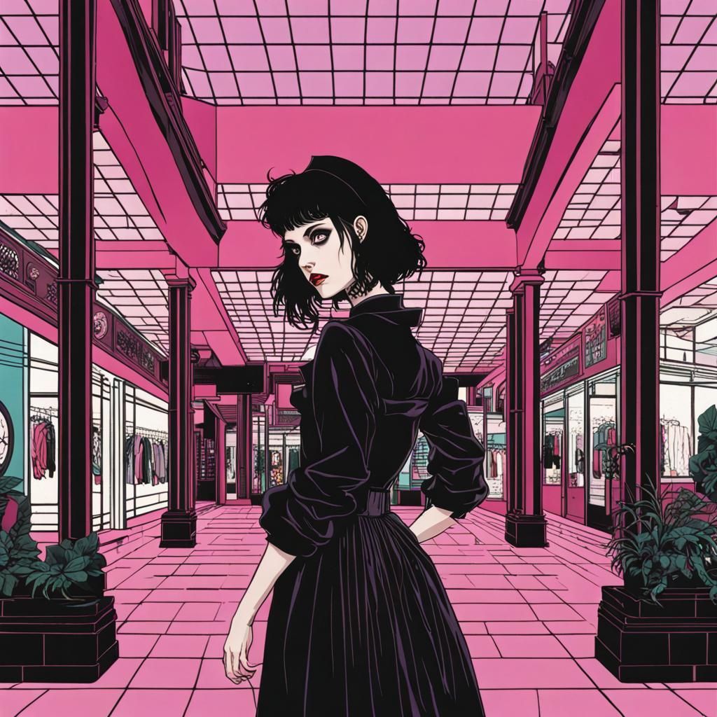 Gothic Girl in 1980s Mall Scene