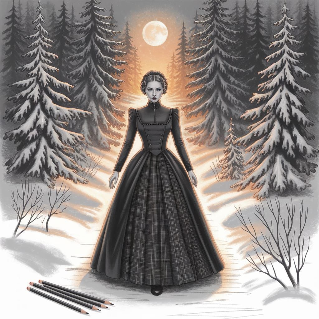 Gothic Woman in Snowy Forest: Charcoal Pencil Sketch