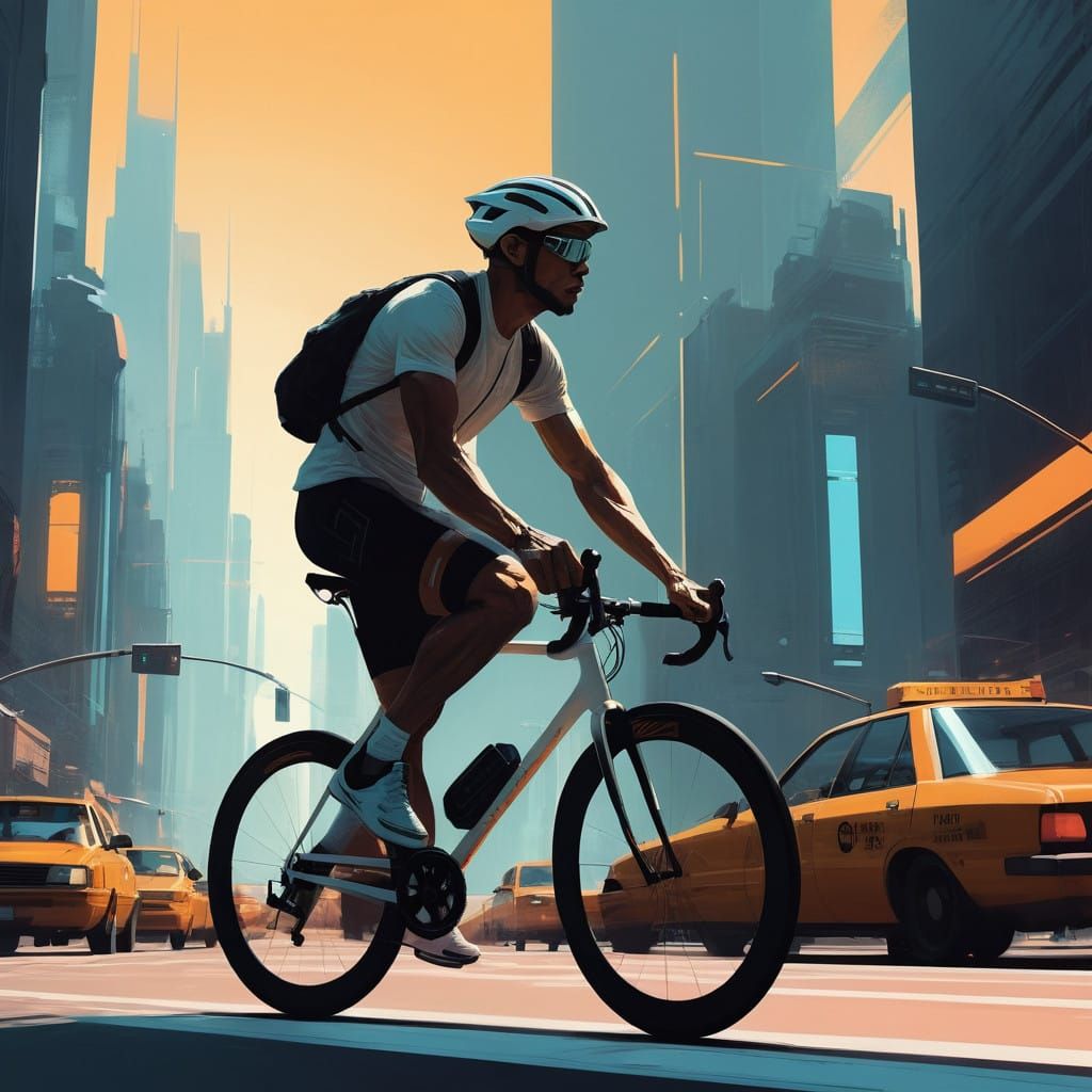 Fixie Cyclist in Bustling City Landscape