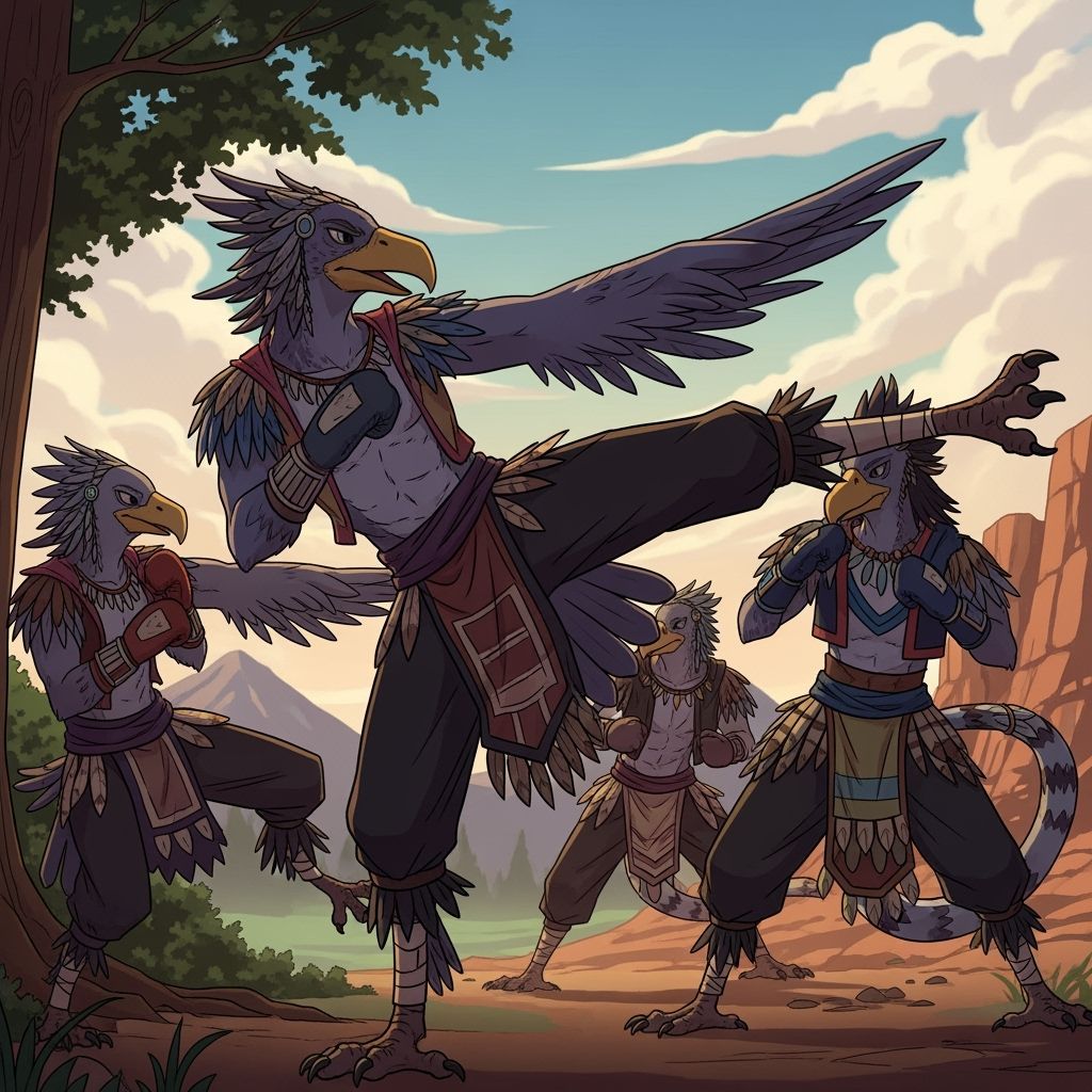 Birdfolk Nomads Kickboxing in Vibrant Cel-Shaded Manga Style