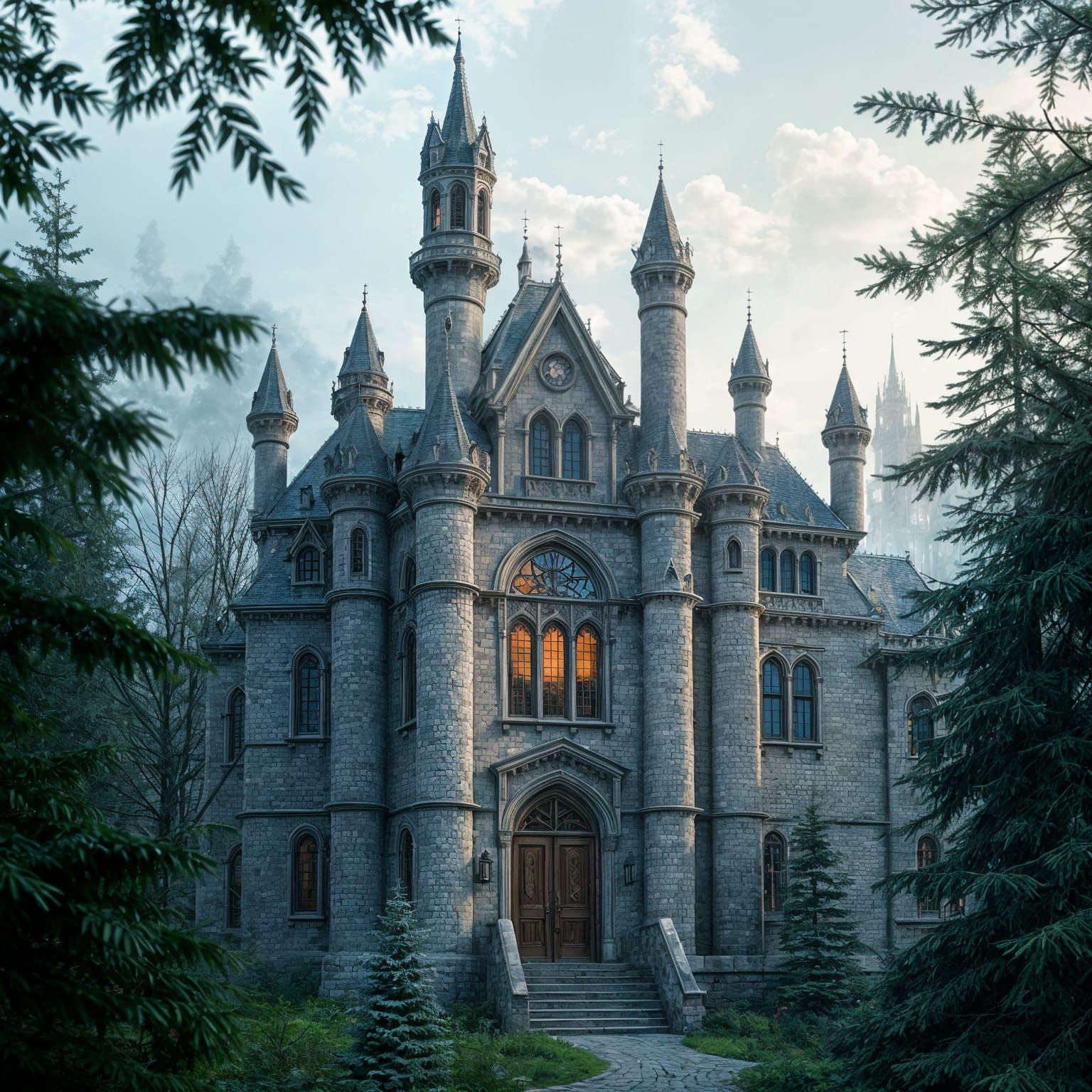 Enchanted Hogwarts-Style Castle School Amidst Whimsical Fir ...