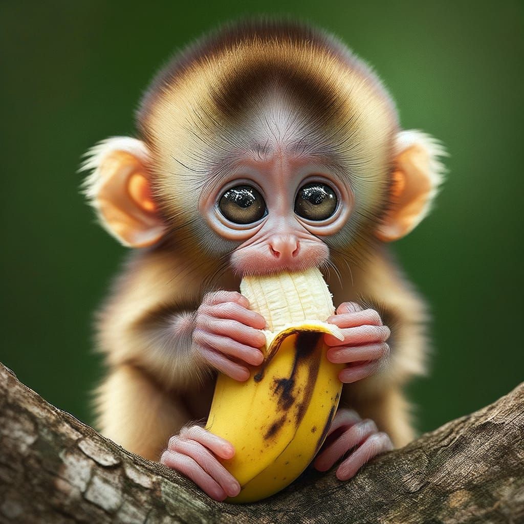 Tiny South Asian Baby Monkey Adorably Holding a Banana